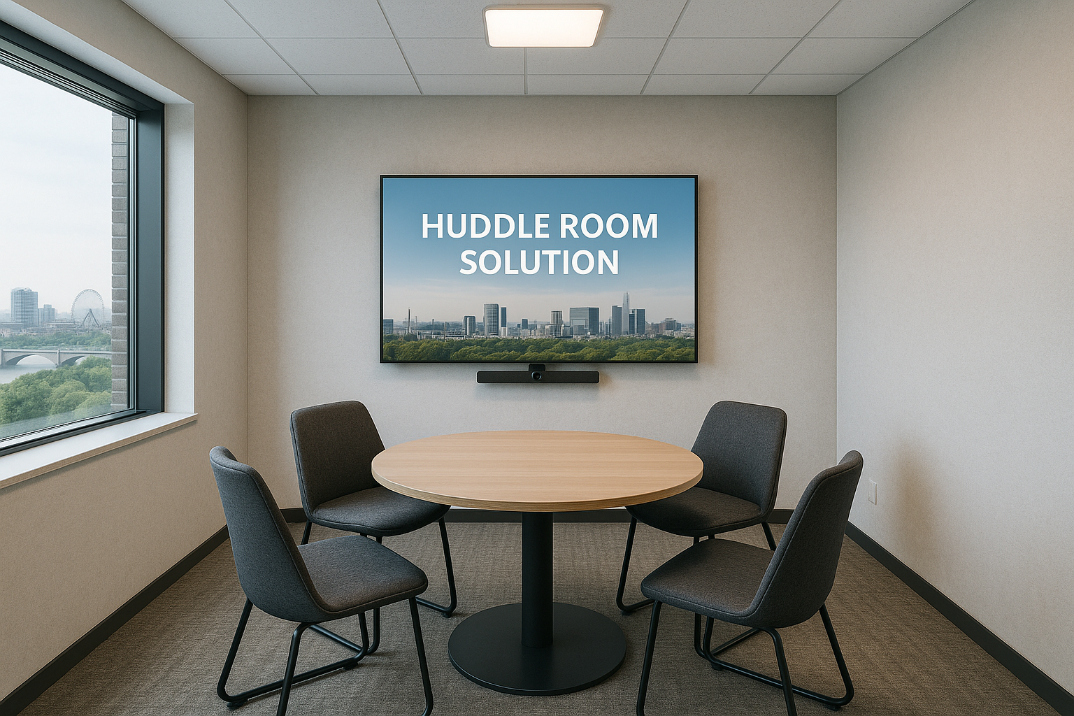 Huddle room with round table and screen